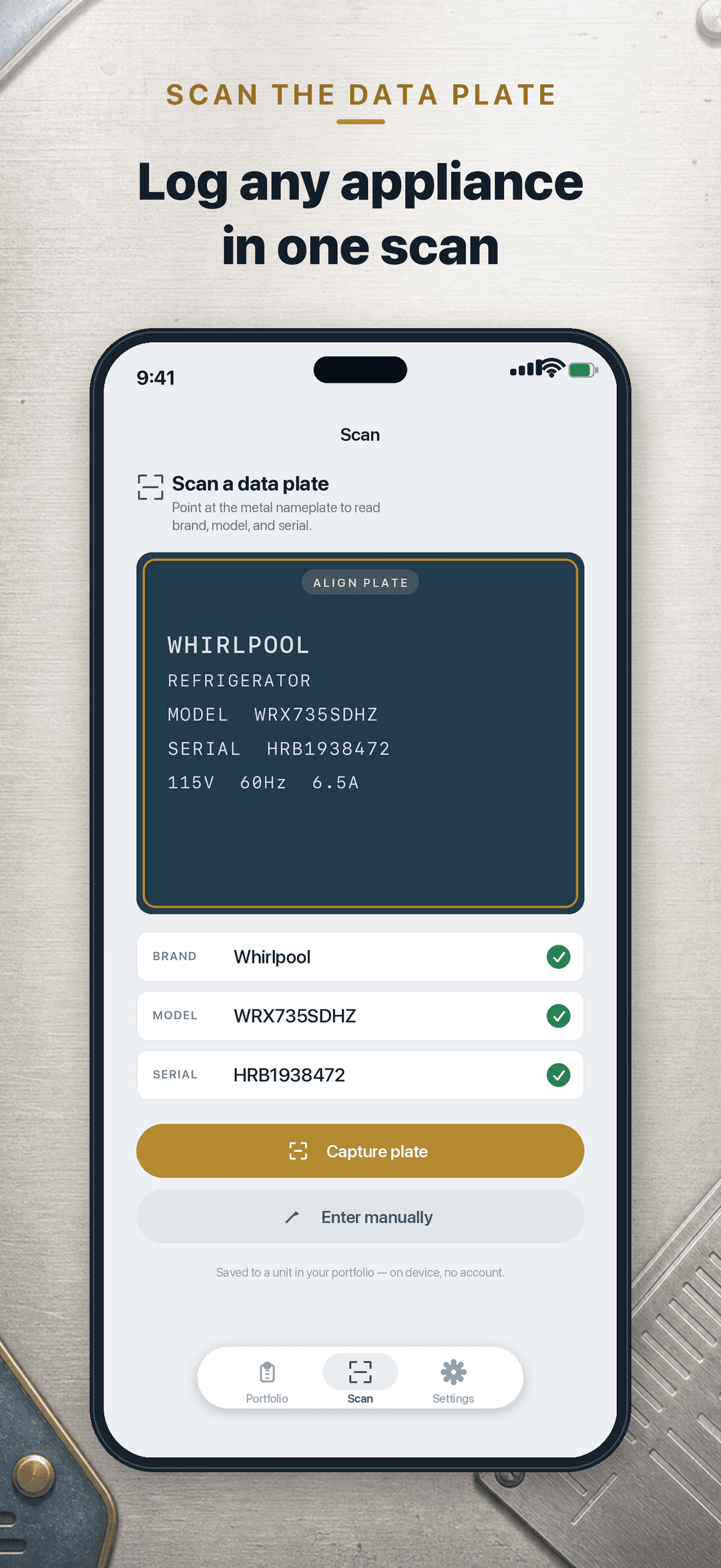 ApplianceLog scanning an appliance data plate to capture brand, model, and serial
