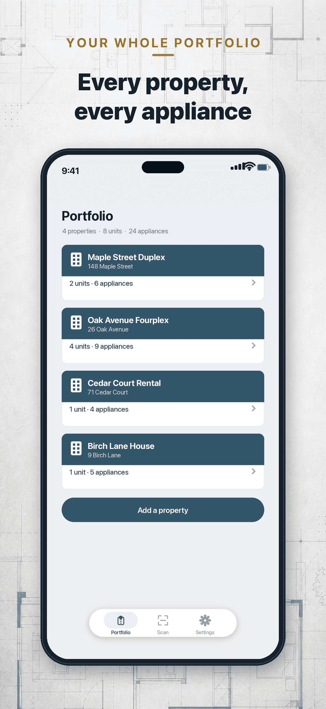 ApplianceLog portfolio overview listing every property and appliance
