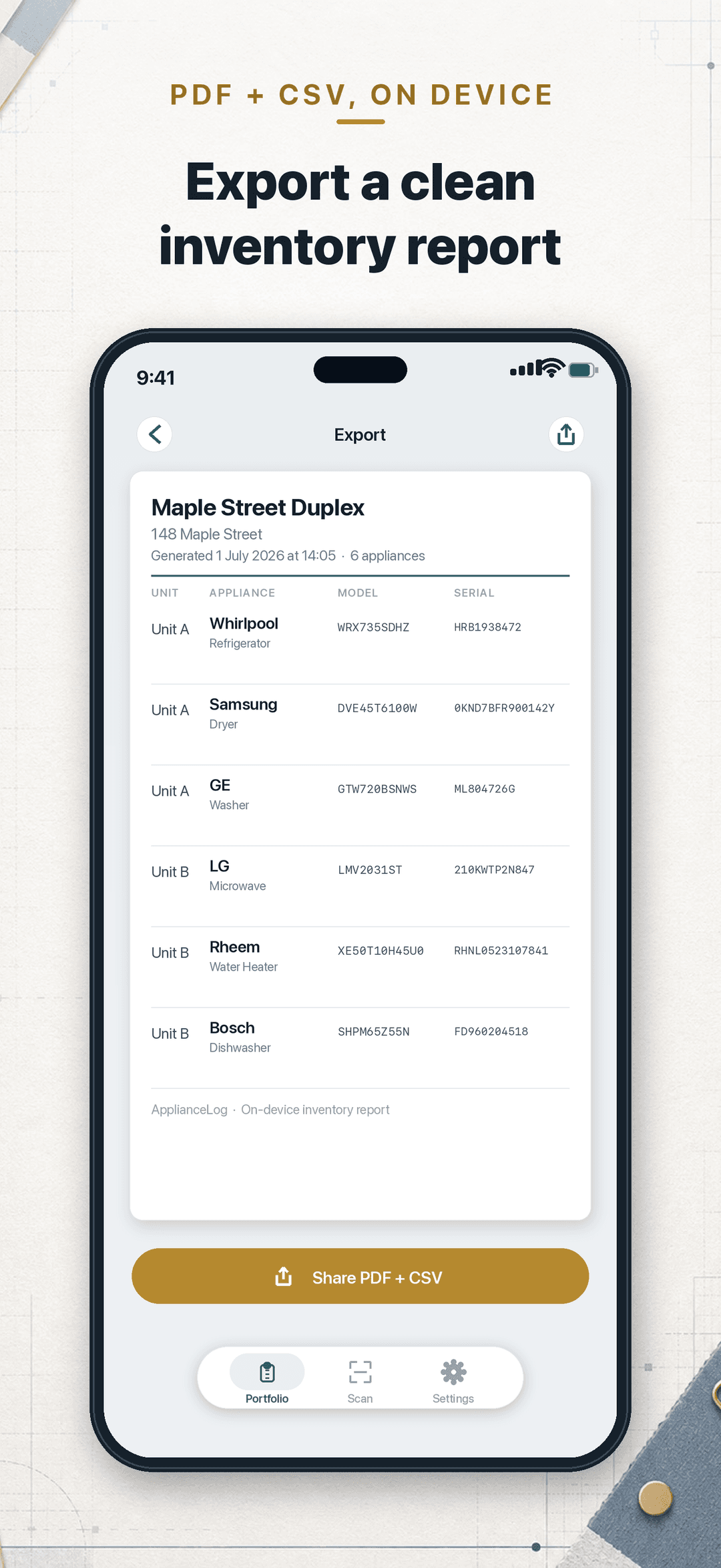 ApplianceLog exporting a per-property PDF and CSV inventory report