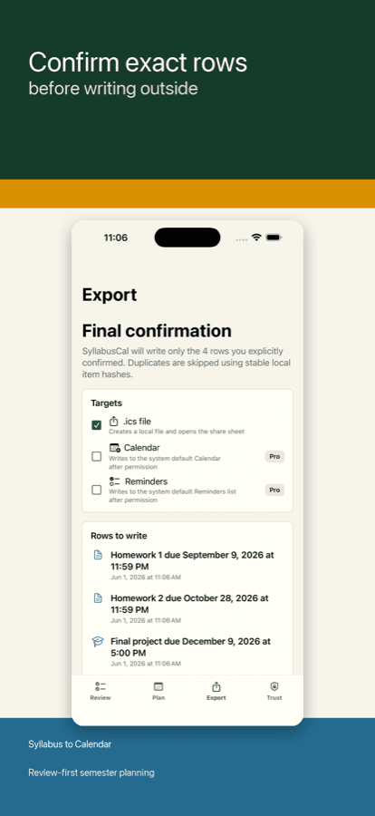 Bestätigungsansicht für den Export in DeadlineNest: Class Planner