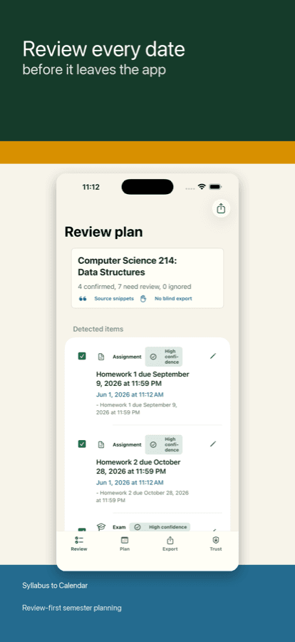 Prüfungsansicht der DeadlineNest: Class Planner App mit erkannten Fristen aus dem Lehrplan