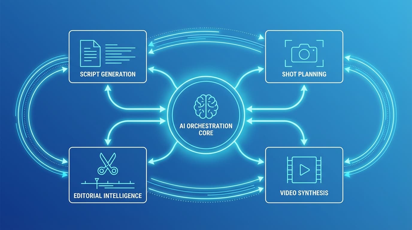 MiniMax Video Agent system architecture showing the orchestration layer connecting script generation, shot planning, video synthesis, and editing modules